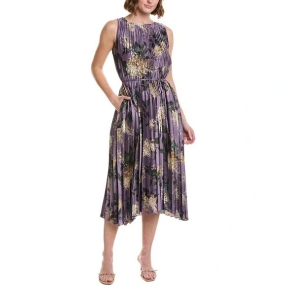 VinceFloral Lilac Pleated Pintuck Sleeveless Midi Dress - Size M